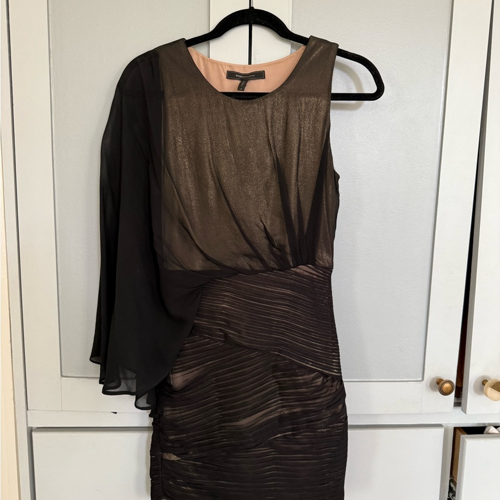 BGBGMaxazria Black & Gold Minidress with Sheer Overlay, Cape Sleeve